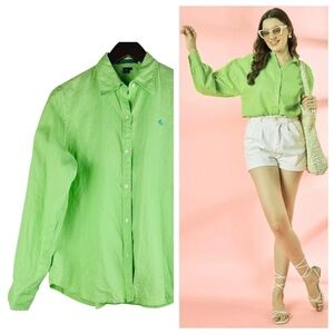 Ralph Lauren Sz Small Shirt Top Button Down Blouse 100% LINEN Neon Lime Green